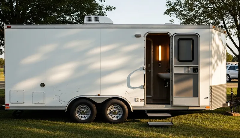 Luxury restroom trailer at outdoor wedding